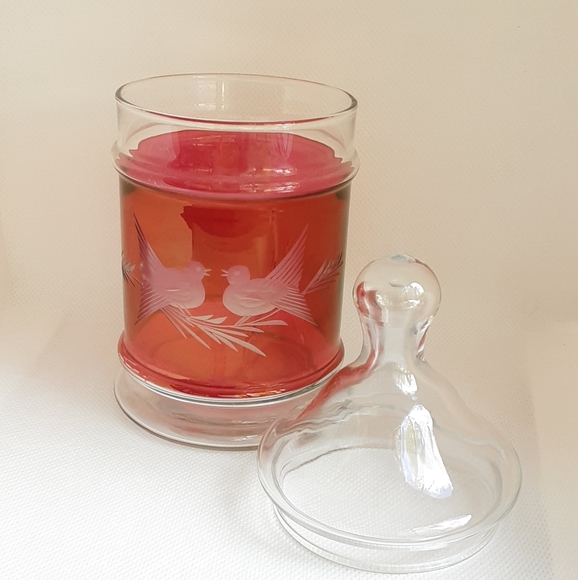 Vintage Etched Cranberry Flash Glass Jar Doves Birds - Picture 10 of 12